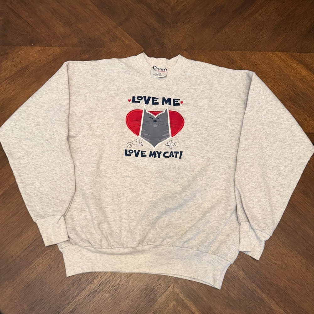 Vintage Cheek-O Sportswear Love Me Love My Cat Sweatshirt Grey Large Made in USA